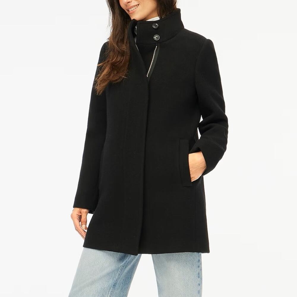 NWT J. Crew City Coat Wool Blend Button Neck Full Zip Long Sleeve Black Size 4P